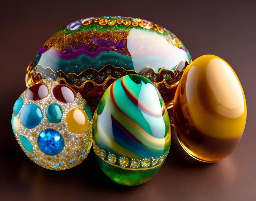 Decorated Easter eggs: gems, swirls, gold on brown background