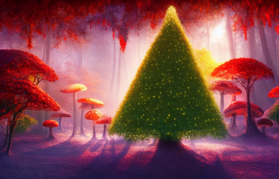 Decorated Christmas tree in enchanted forest with oversized mushrooms and purple haze