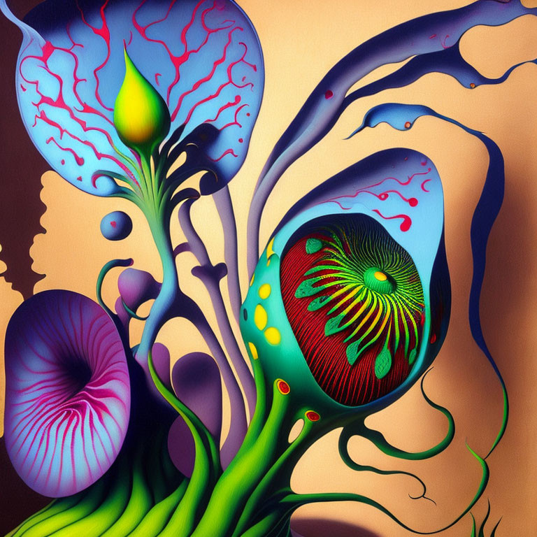 Colorful Abstract Art: Psychedelic Plant Forms in Blues, Purples, and Greens