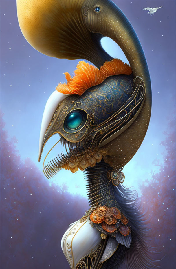 Fantastical bird digital artwork with metallic details on blue twilight background