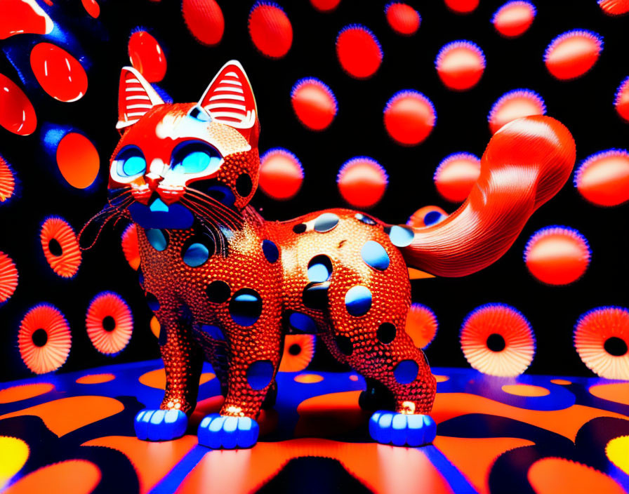 Colorful Polka-Dotted Cat Sculpture in Psychedelic Setting