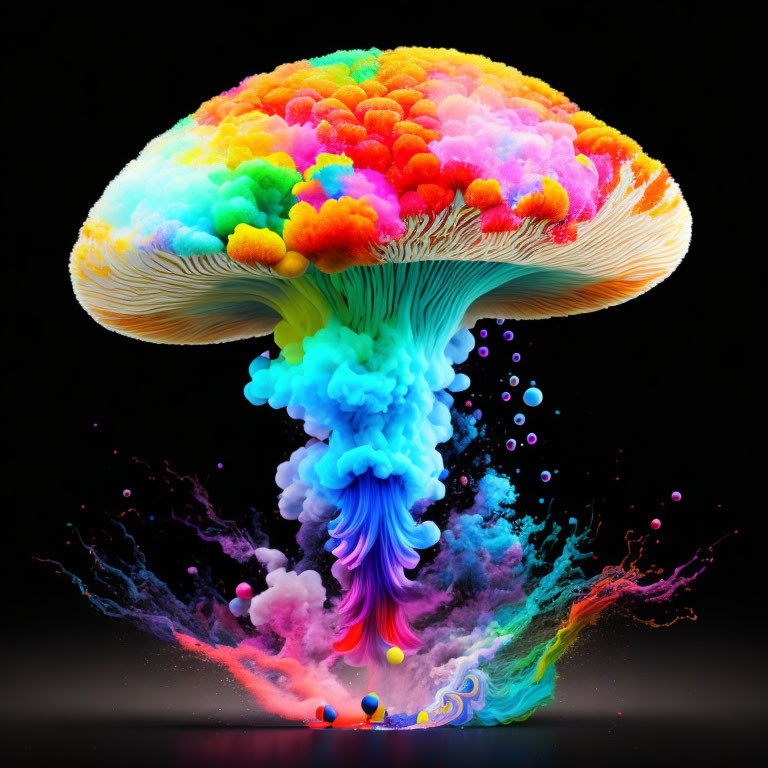 Colorful surreal explosion illustration with mushroom cloud shape and bubble-like elements on dark backdrop