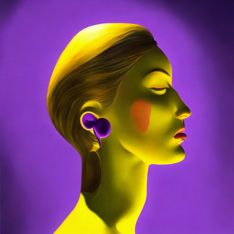 Stylized woman with yellow skin and purple hair on purple background