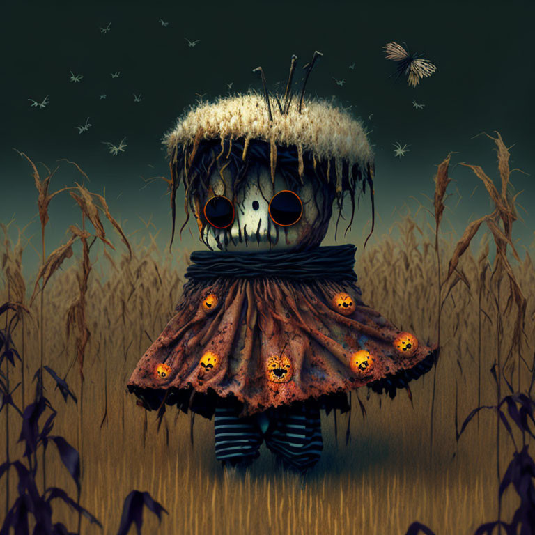 Spooky scarecrow with pumpkin skirt in dimly lit field