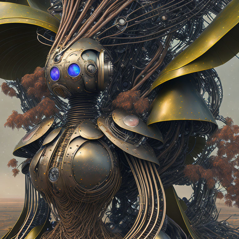 Detailed robotic entity with layered metal plating and glowing blue orbs in barren landscape