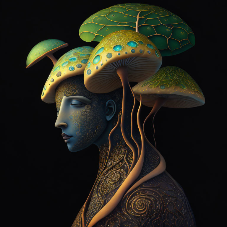 Digital art: Human profile with intricate mushroom patterns symbolizing nature connection