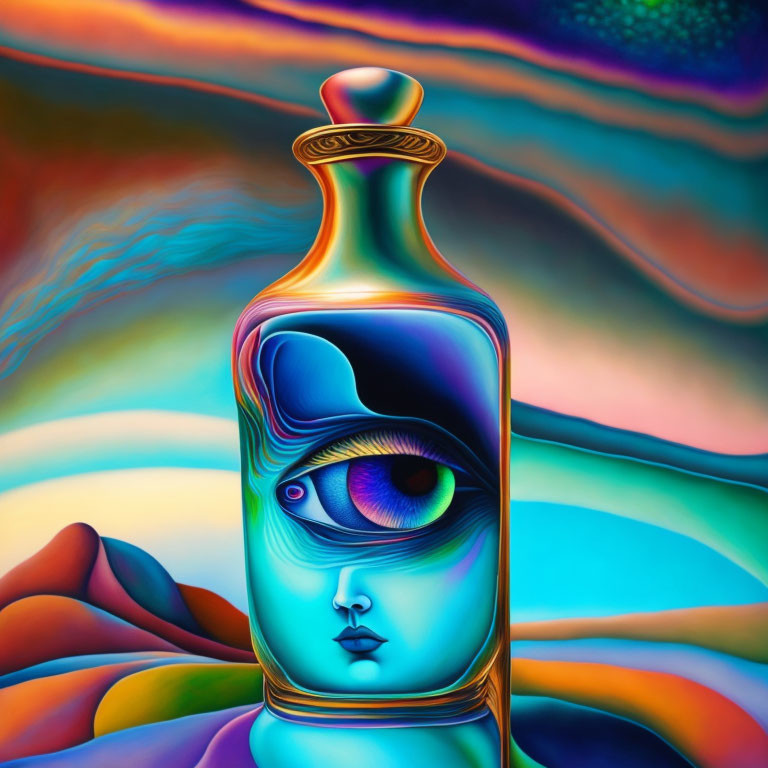 Surreal painting: Woman's face in bottle on colorful background