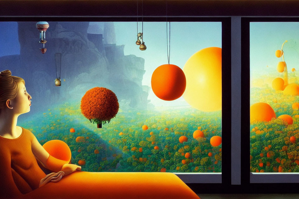 Person gazes at surreal orange landscape with flying contraptions