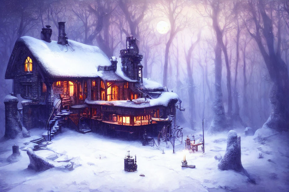 Snow-covered cottage in misty winter forest under moonlight