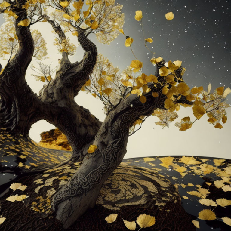 Whimsical tree with intricate bark patterns and yellow leaves under starry sky