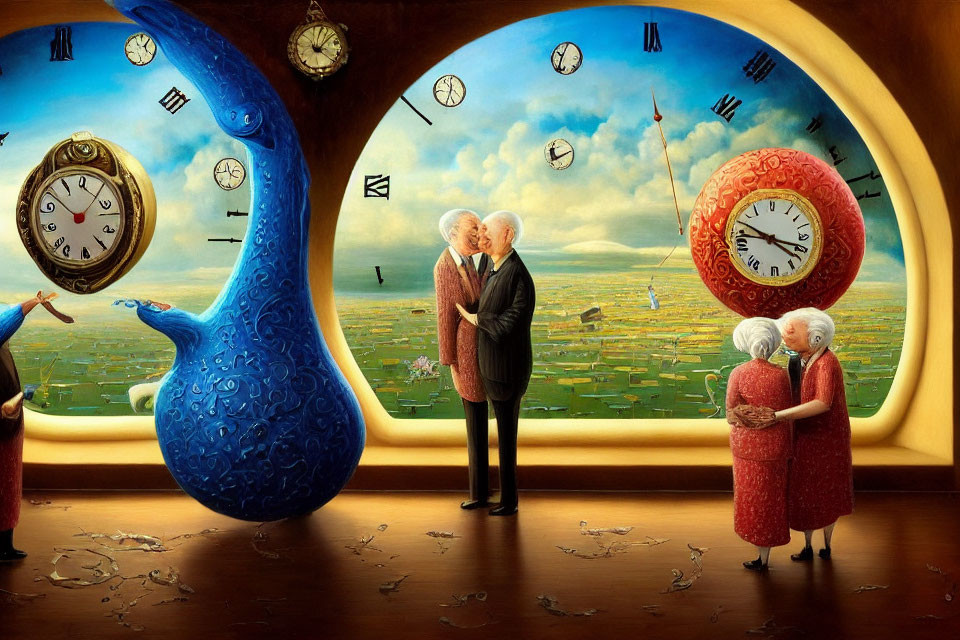 Surreal painting of elderly couples among clocks and landscape view