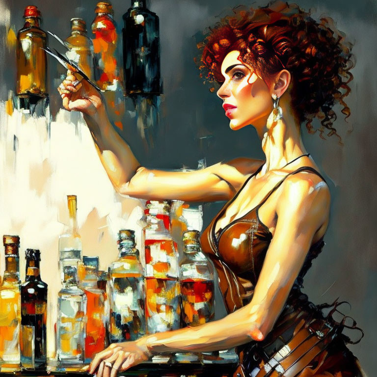 Curly-haired woman holding a cigarette in front of colorful bottles