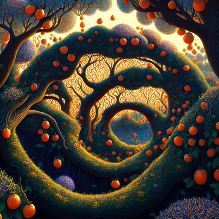 Colorful painting of mystical forest with glowing fruit