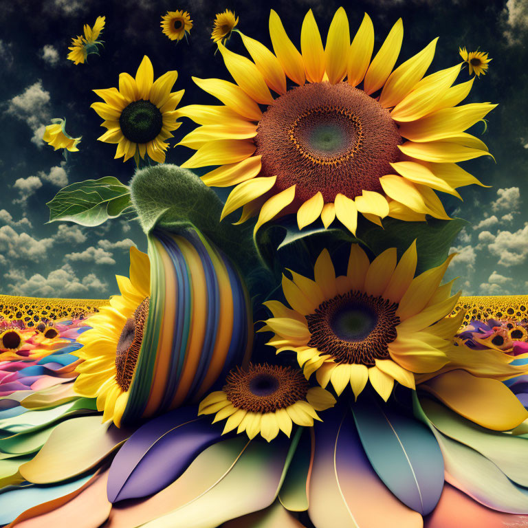 Vibrant sunflowers with swirling petals against a cloudy sky