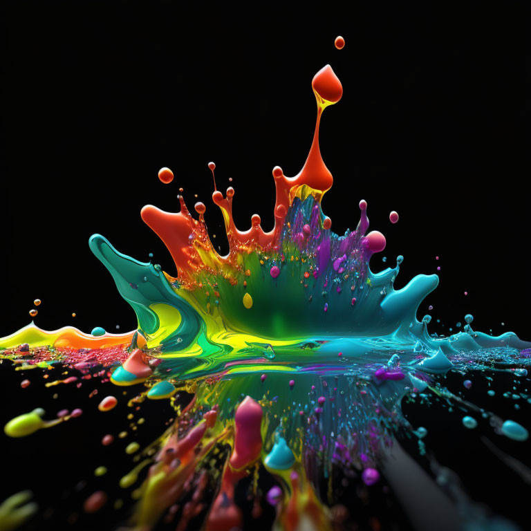 Vibrant liquid splash with droplets on dark background