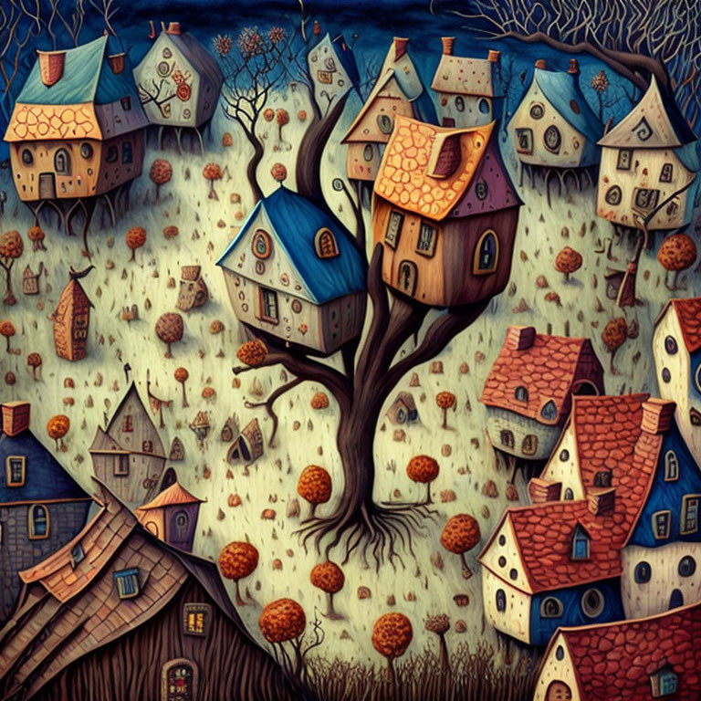 Colorful forest painting with whimsical houses and autumn leaves