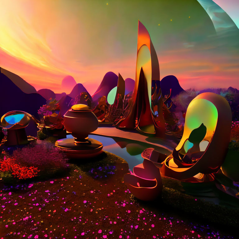 Surreal sunset landscape with abstract sculptures, reflective orbs, water body, and vibrant flora