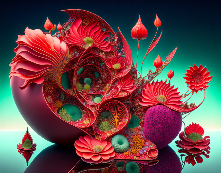 Intricate Floral and Fractal Digital Art in Red, Green, and Teal