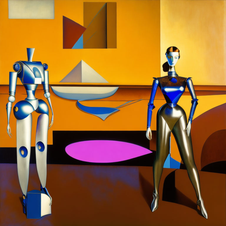 Stylized humanoid robots in room with geometric art and sailboat painting