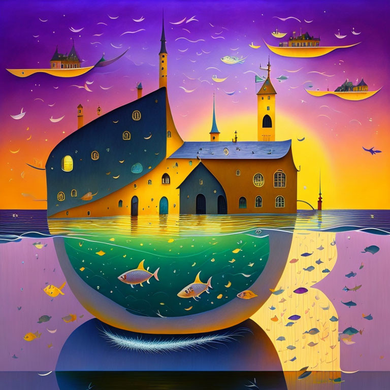 Whimsical painting of submerged church on globe with fish and flying ships