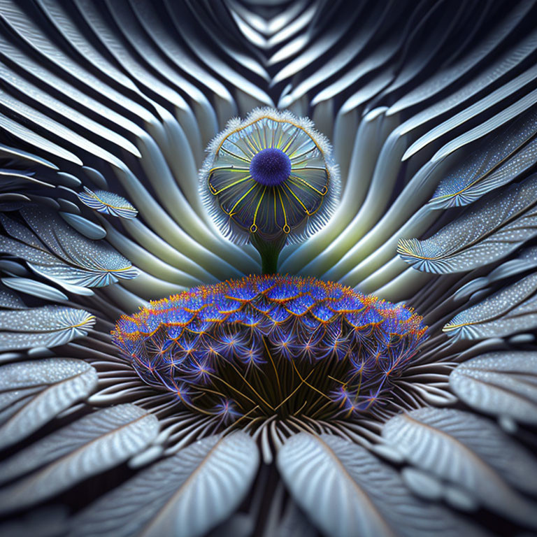 Symmetrical blue and purple fractal art with flower-like center and wing-like patterns