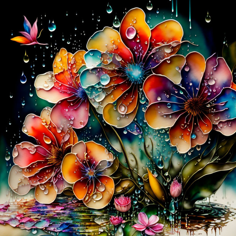 Colorful flowers with dewdrops on dark background and floating petals