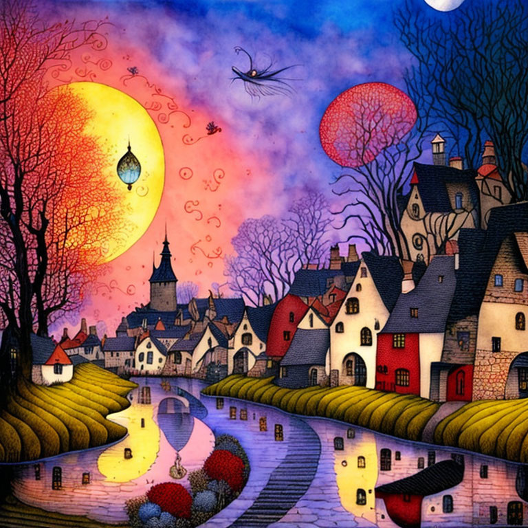 Colorful village with winding river and oversized moons in vibrant sunset landscape