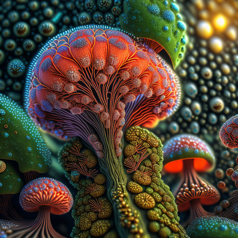 Colorful digital artwork: Stylized fractal fungi with intricate patterns