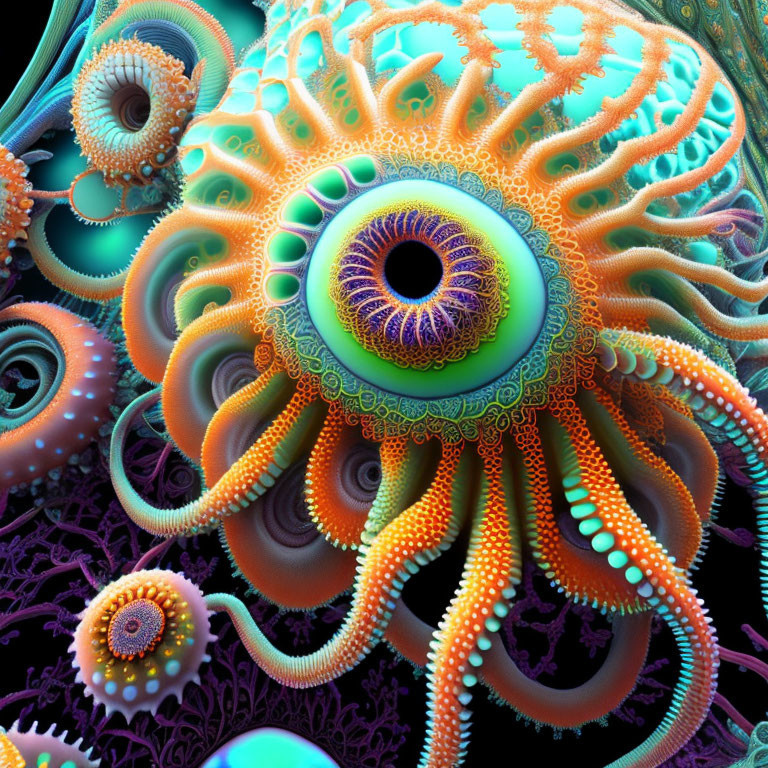 Vibrant fractal art: Psychedelic sea anemone in orange, green, purple