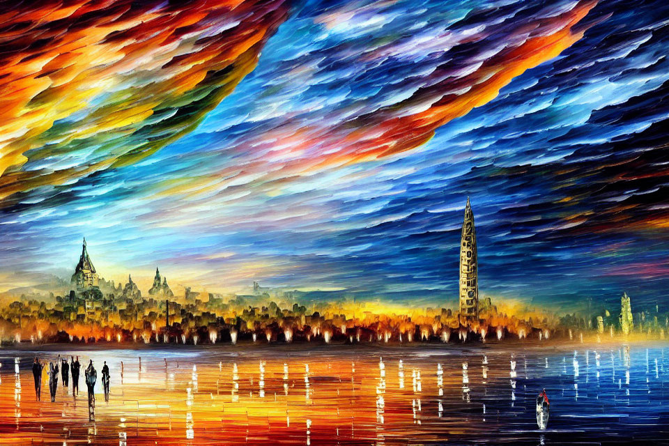 Colorful Impressionistic City Skyline Painting at Dusk