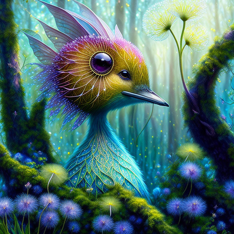 Colorful Bird with Iridescent Feathers in Enchanted Forest