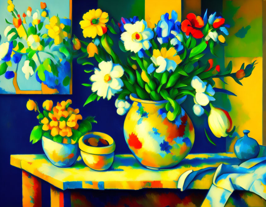 Colorful Flowers, Fruit, and Drapery Still Life Painting in Blue and Yellow