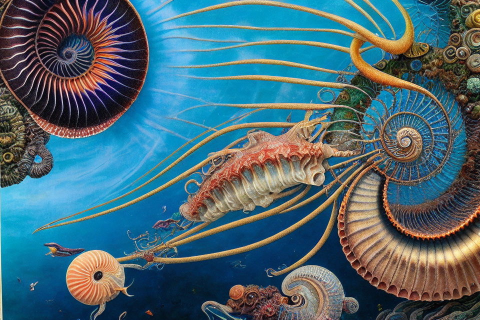 Detailed Underwater Scene with Nautilus-Like Creature and Marine Flora