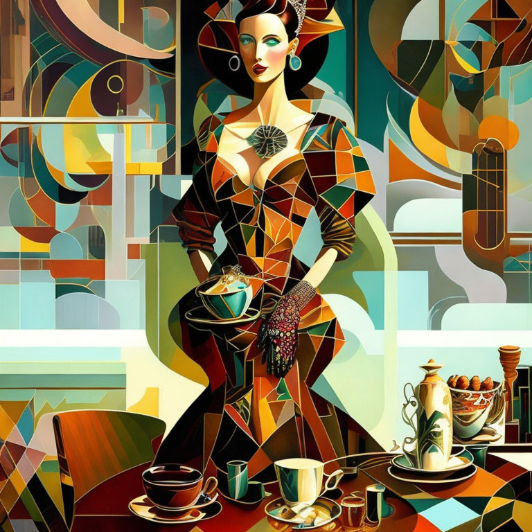 Cubist-inspired painting of woman with coffee cup and vibrant colors