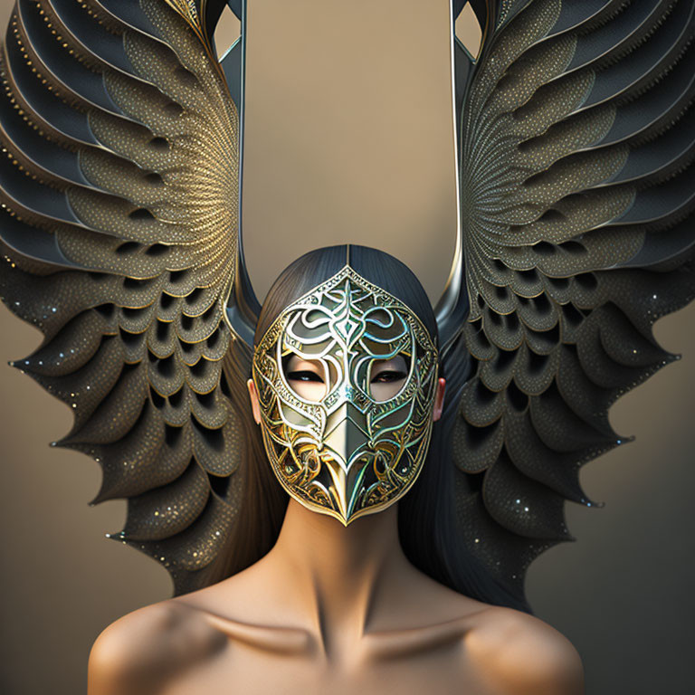 Golden mask and metallic wings on person in neutral setting