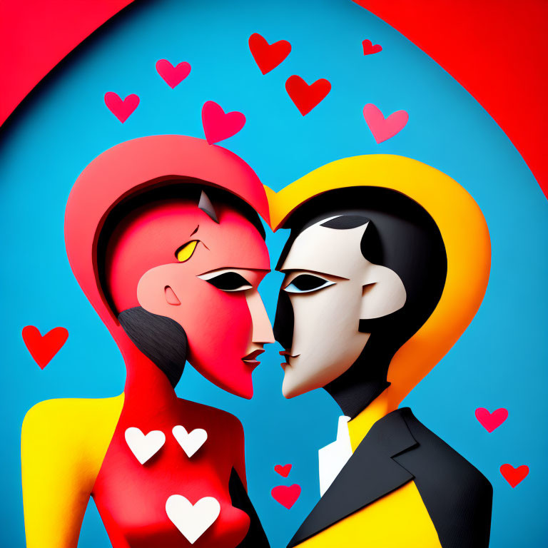 Stylized figures embrace on heart-shaped background symbolizing romance