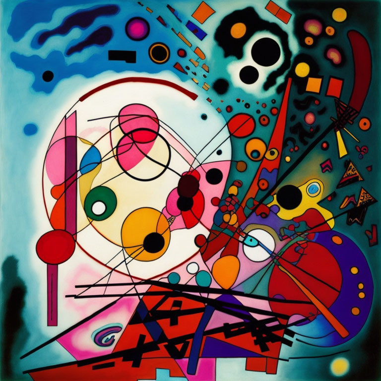 Vibrant Abstract Painting with Geometric Shapes and Circular Motif