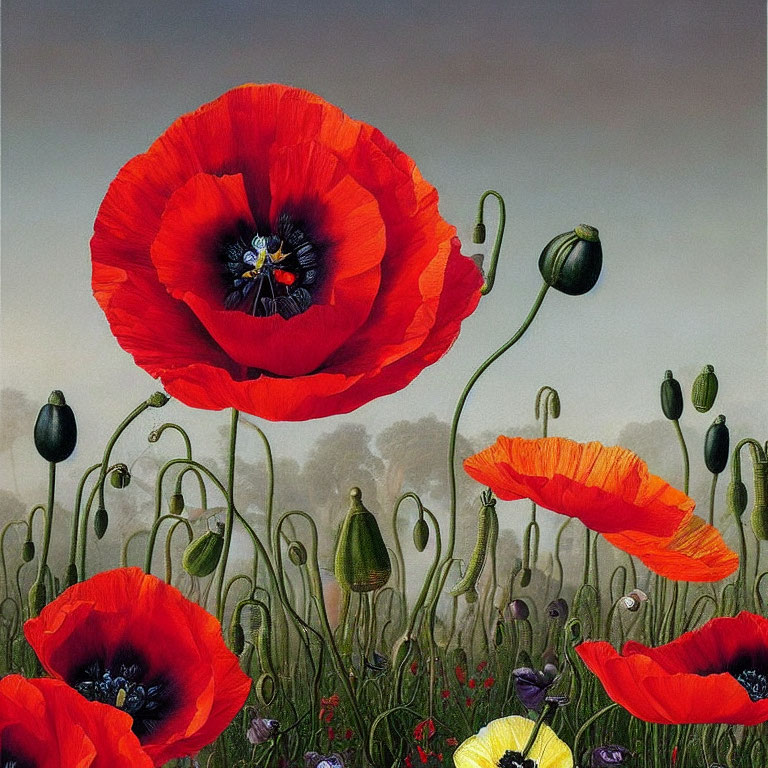 Detailed red poppies amidst green stems on muted backdrop