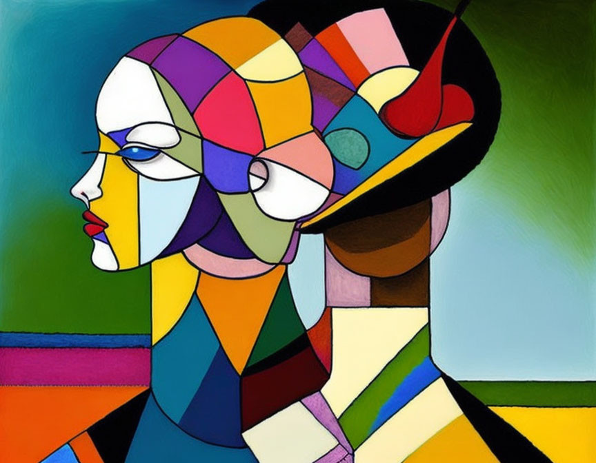 Colorful Abstract Painting of Stylized Face with Geometric Shapes