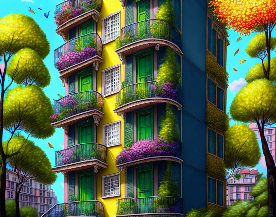 Colorful Multi-Story Building with Balconies and Purple Flowers