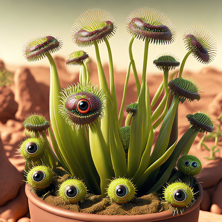 Surreal plant with eye-like flowers in terracotta pot on desert backdrop