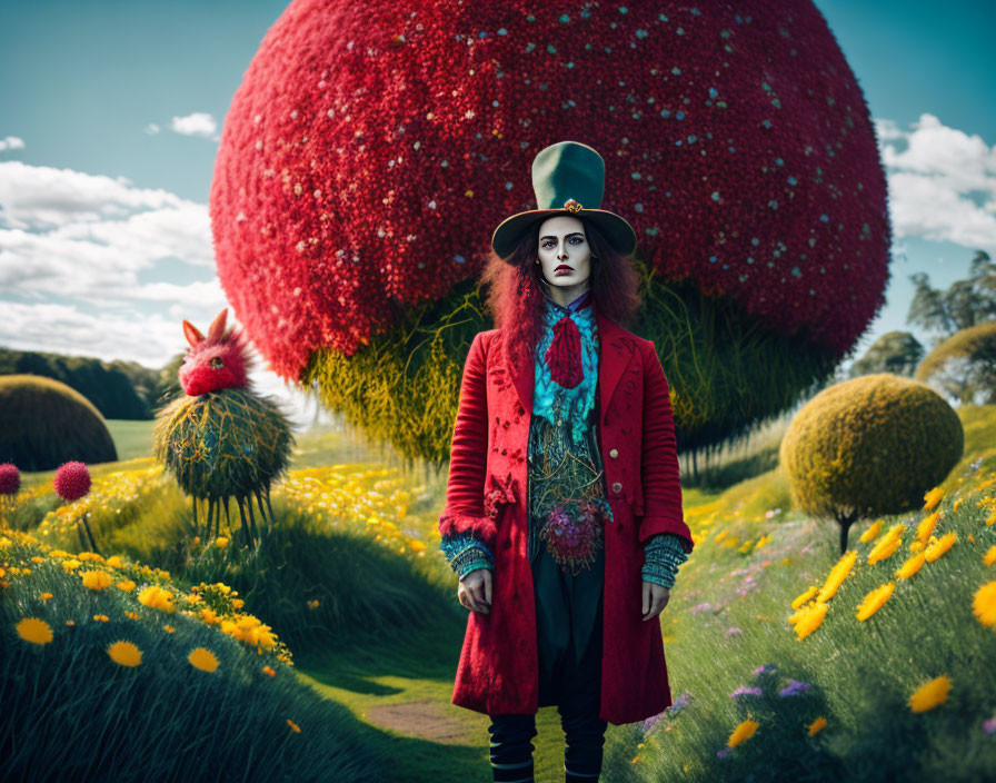 Whimsical Mad Hatter costume in colorful garden setting