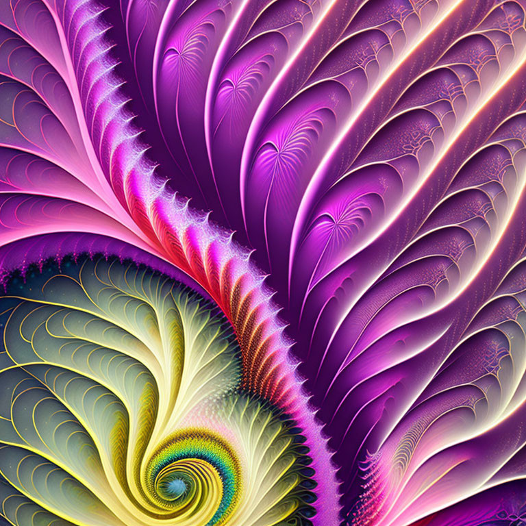 Colorful Digital Fractal Art: Spirals & Feathers in Purple, Pink, Yellow, and