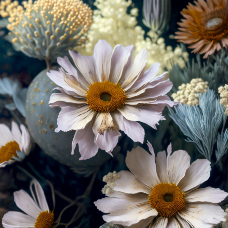 Pastel-colored flowers close-up with white and yellow flower.