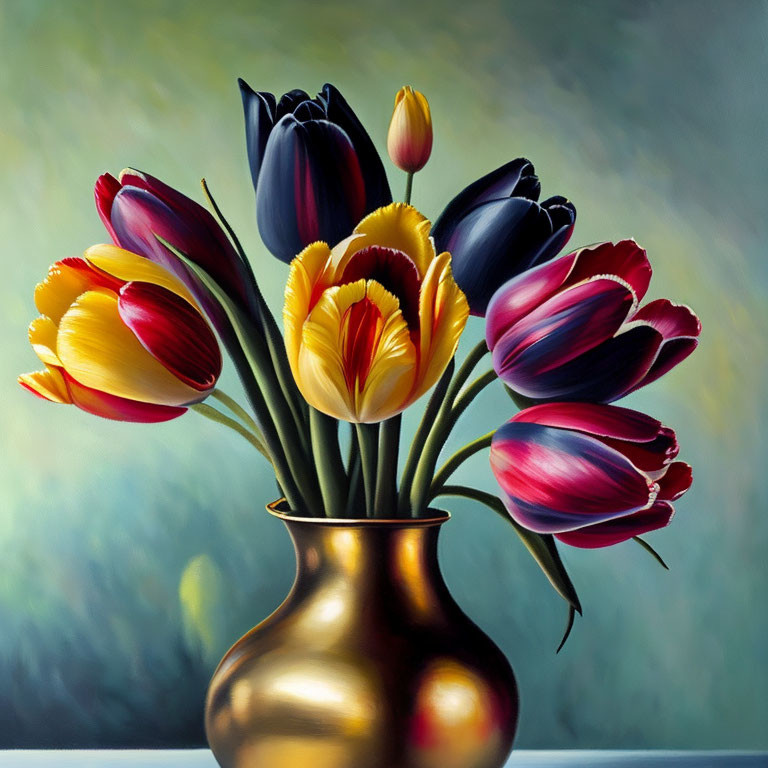 Colorful Tulip Bouquet in Golden Vase on Green Background