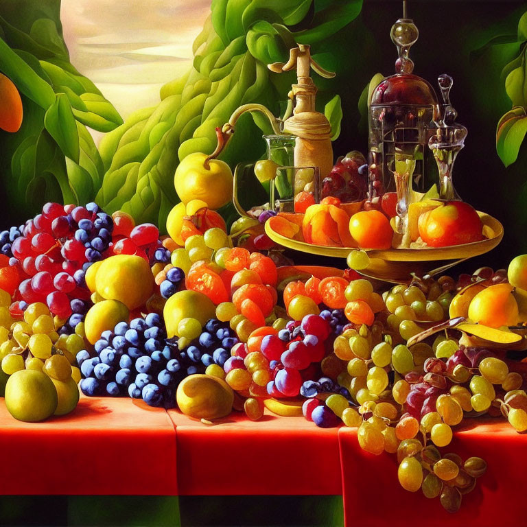 Colorful fruits and golden pitcher in vibrant still life.