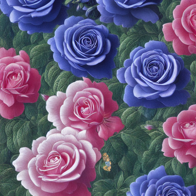 Vibrant blue and pink rose pattern with green foliage and a bee