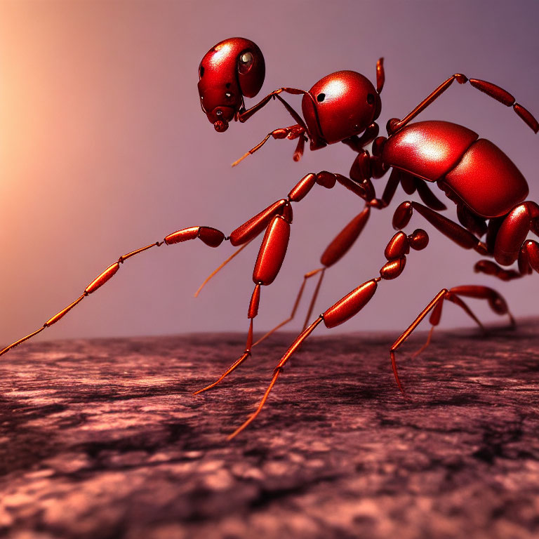 Red 3D ant on textured surface with sunset background