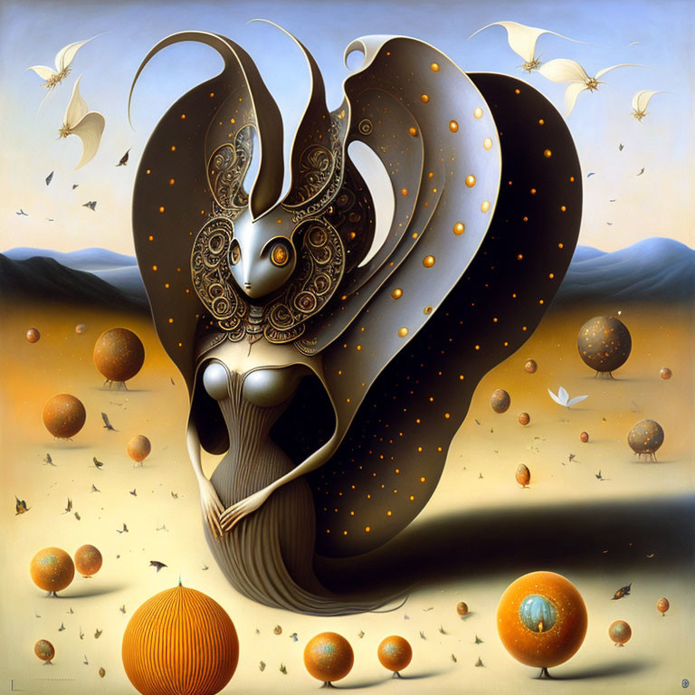 Surreal painting: ornate humanoid figure, floating spheres, warm desert landscape