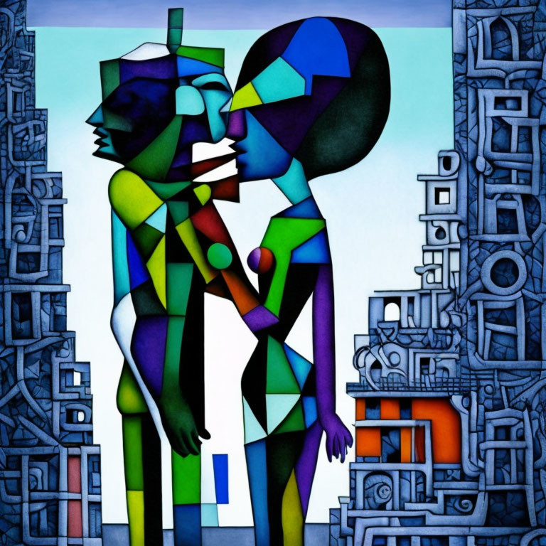 Abstract geometric human figures embrace amid colorful modernist backdrop